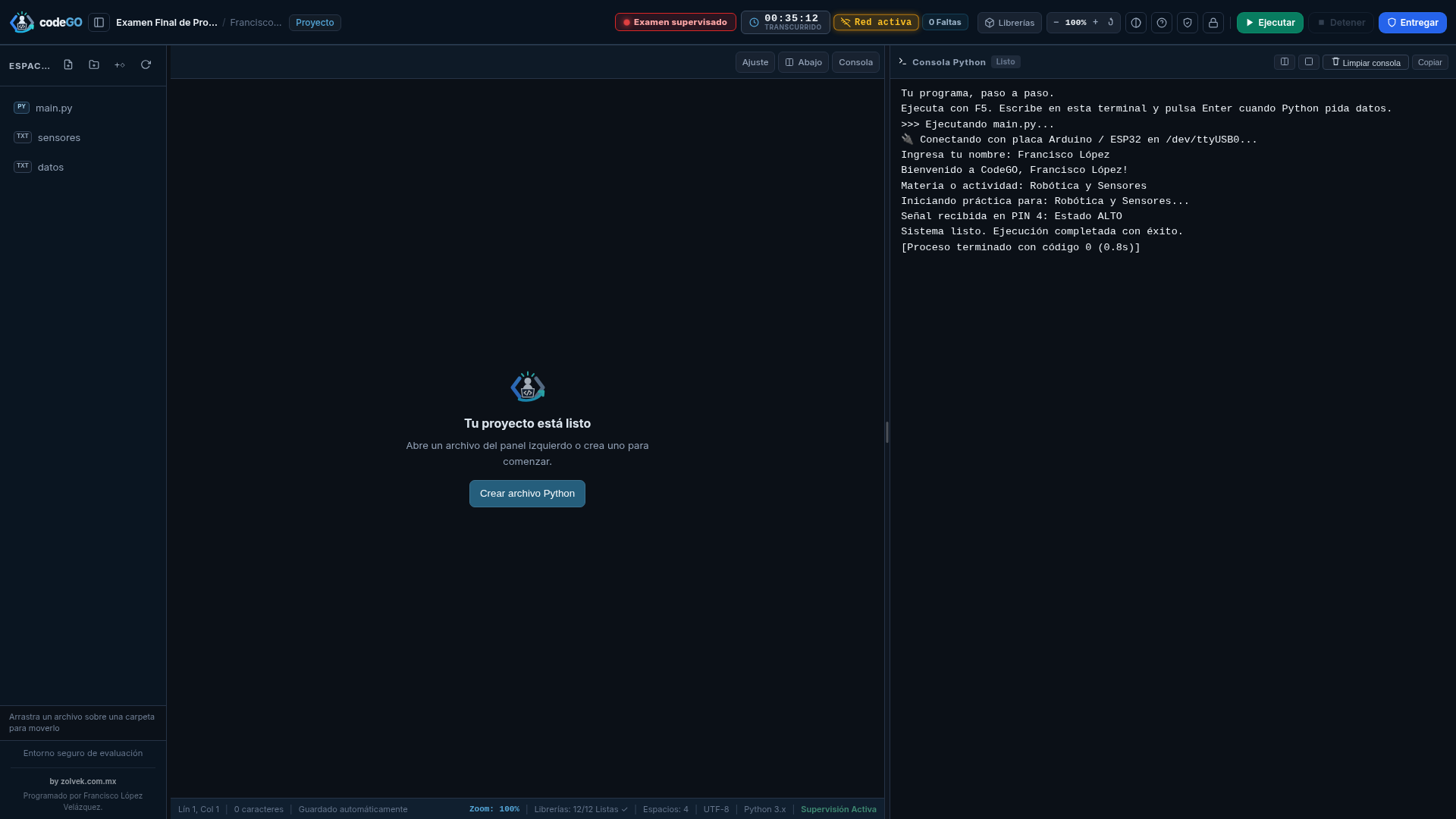 Modo examen supervisado de codeGO con temporizador activo y botón de entrega sellada
