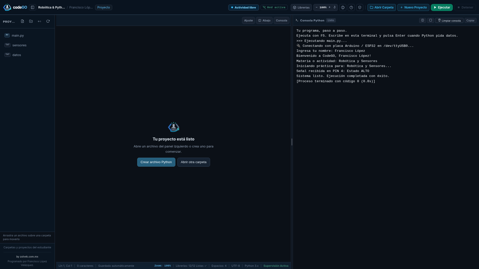 Editor de Python con árbol de subcarpetas, migas de pan y terminal interactiva unificada ejecutando captura de sensores Arduino