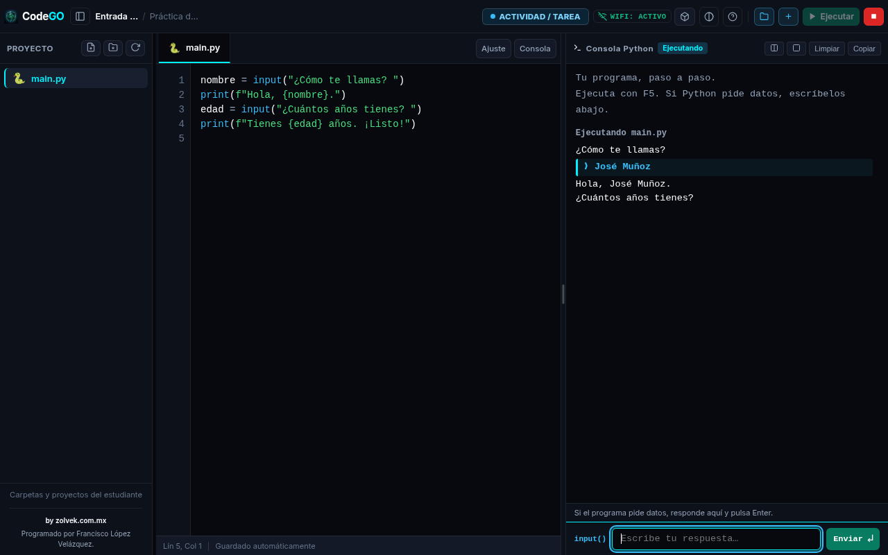 Interfaz real de CodeGO con editor de código y terminal interactiva con soporte para input()