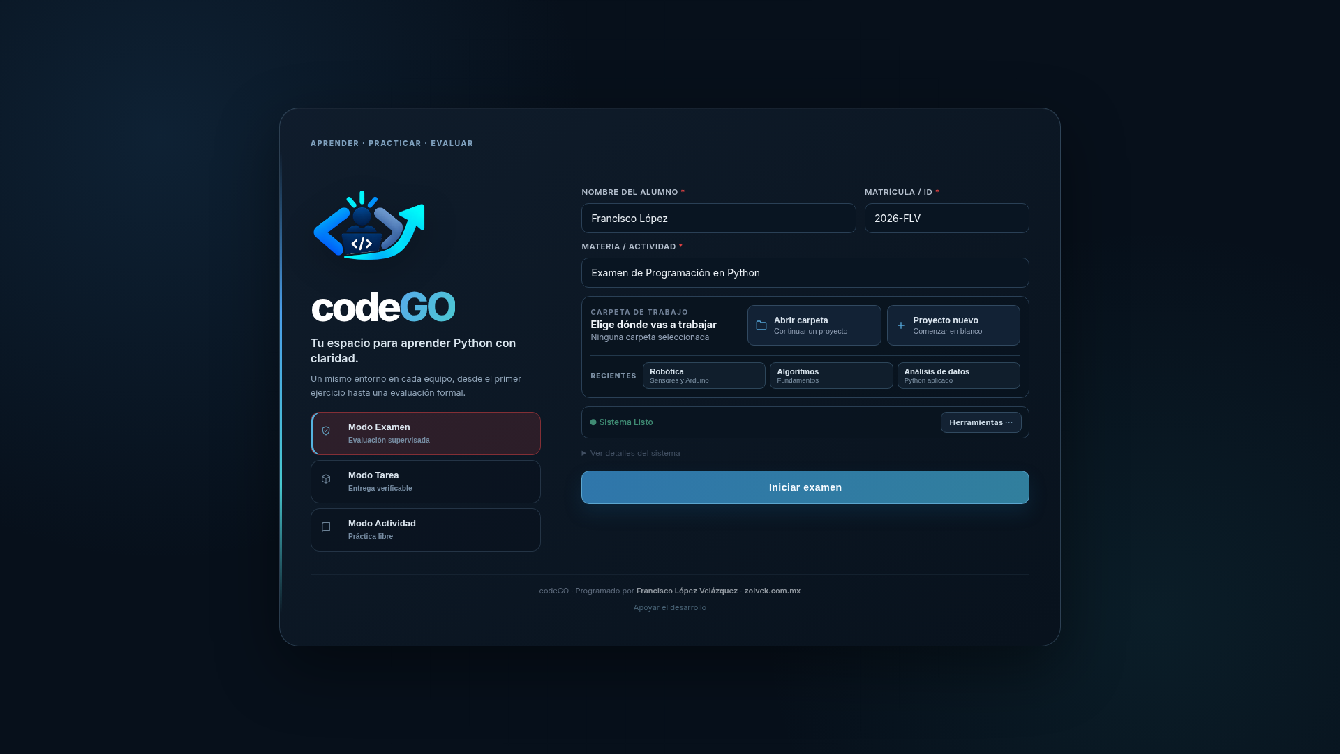 Pantalla de inicio de codeGO con diagnóstico, carpeta de proyecto y selector de modalidades